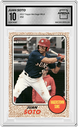 Juan Soto from the 2017 Topps Heritage Minor League set graded by Arena Club and given an overall grade of 10.