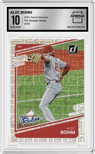 Alec Bohm from the 2021 Panini Donruss set featuring a Vector parallel graded by Arena Club and given an overall grade of 10.