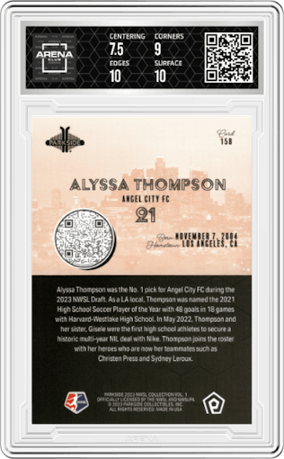 Alyssa Thompson from the 2023 Parkside NWSL Vol. 1 Soccer set graded by Arena Club and given an overall grade of 8.