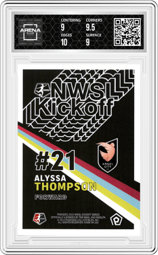 Alyssa Thompson from the 2023 Parkside NWSL Vol. 1 set graded by Arena Club and given an overall grade of 9.5.