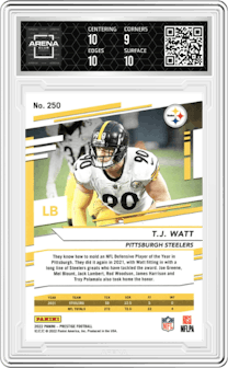 T.J. Watt from the 2022 Panini Prestige set featuring a Xtra Points Sunburst parallel graded by Arena Club and given an overall grade of 9.5.