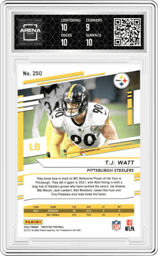 T.J. Watt from the 2022 Panini Prestige set featuring a Xtra Points Sunburst parallel graded by Arena Club and given an overall grade of 9.5.
