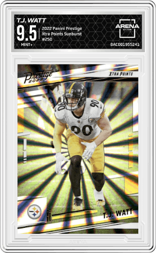 T.J. Watt from the 2022 Panini Prestige set featuring a Xtra Points Sunburst parallel graded by Arena Club and given an overall grade of 9.5.