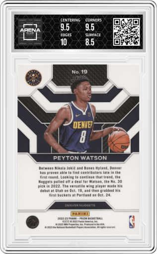  Peyton Watson from the 2022-23 Panini Prizm  set graded by Arena Club and given an overall grade of 9.