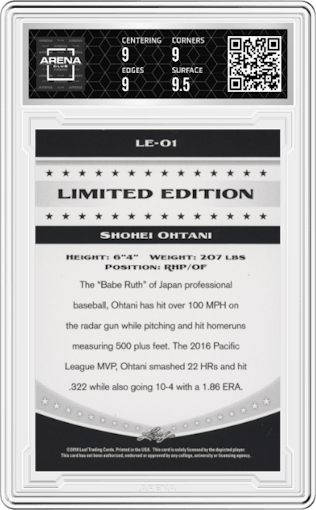 Shohei Ohtani from the 2018 Leaf set graded by Arena Club and given an overall grade of 9.