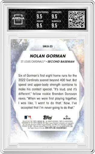 Nolan Gorman from the 2023 Topps  set graded by Arena Club and given an overall grade of 9.5.