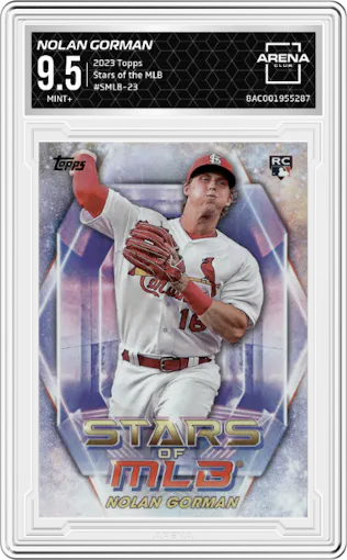 Nolan Gorman from the 2023 Topps  set graded by Arena Club and given an overall grade of 9.5.