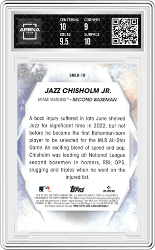 Jazz Chisholm Jr. from the 2023 Topps  set graded by Arena Club and given an overall grade of 9.5.