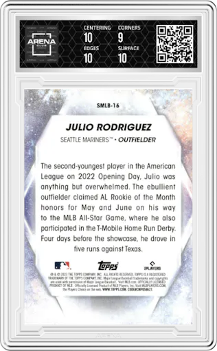 Julio Rodriguez from the 2023 Topps  set graded by Arena Club and given an overall grade of 9.5.