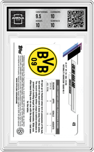 Erling Haaland from the 2020-21 Topps Chrome UEFA Champions League set featuring a Speckle Refractor parallel graded by Arena Club and given an overall grade of 10.