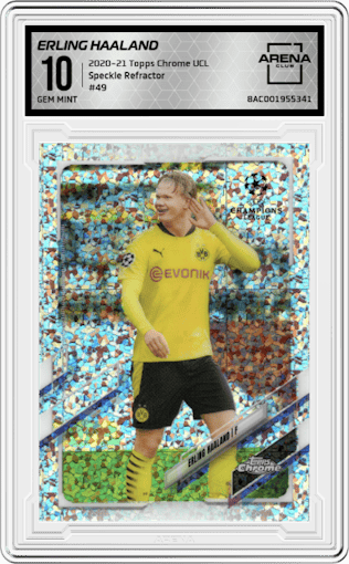 Erling Haaland from the 2020-21 Topps Chrome UEFA Champions League set featuring a Speckle Refractor parallel graded by Arena Club and given an overall grade of 10.