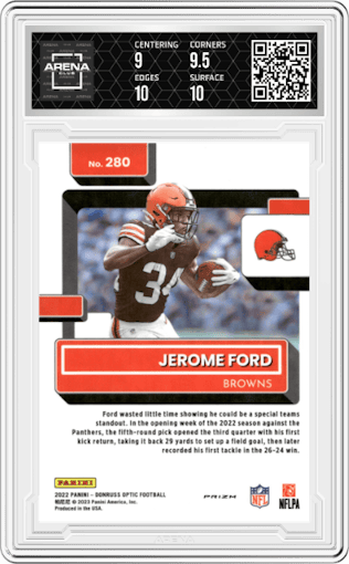  Jerome Ford from the 2022 Panini Donruss Optic set featuring a Pink parallel graded by Arena Club and given an overall grade of 9.5.