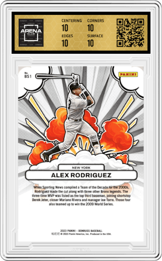 Alex Rodriguez from the 2023 Donruss set featuring a Blue parallel graded by Arena Club and given an overall grade of 10.