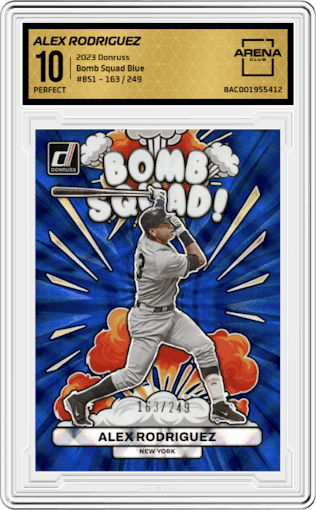 Alex Rodriguez from the 2023 Donruss set featuring a Blue parallel graded by Arena Club and given an overall grade of 10.