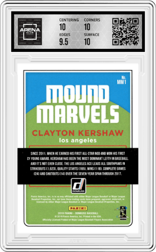 Clayton Kershaw from the 2018 Panini Donruss set featuring a Blue parallel graded by Arena Club and given an overall grade of 10.