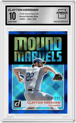 Clayton Kershaw from the 2018 Panini Donruss set featuring a Blue parallel graded by Arena Club and given an overall grade of 10.