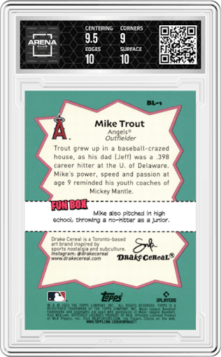 Mike Trout from the 2023 Topps Big League set graded by Arena Club and given an overall grade of 9.5.