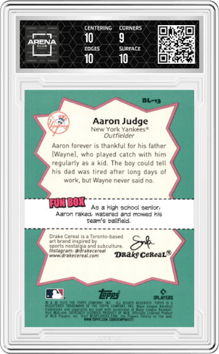 Aaron Judge from the 2023 Topps Big League set graded by Arena Club and given an overall grade of 9.5.