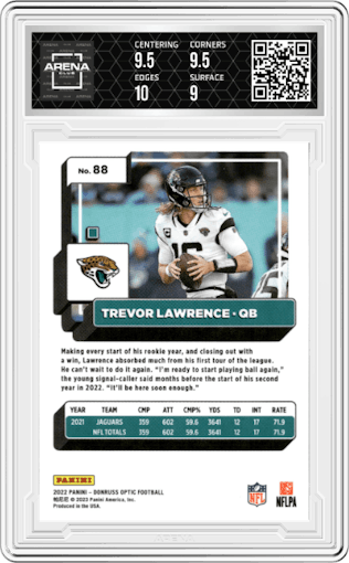 Trevor Lawrence from the 2022 Panini Donruss Optic set graded by Arena Club and given an overall grade of 9.5.