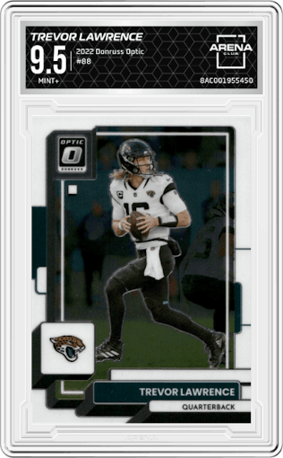 Trevor Lawrence from the 2022 Panini Donruss Optic set graded by Arena Club and given an overall grade of 9.5.