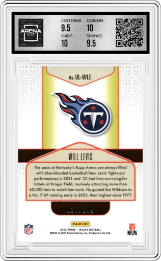Will Levis from the 2023 Panini Legacy set featuring a Orange parallel graded by Arena Club and given an overall grade of 10.
