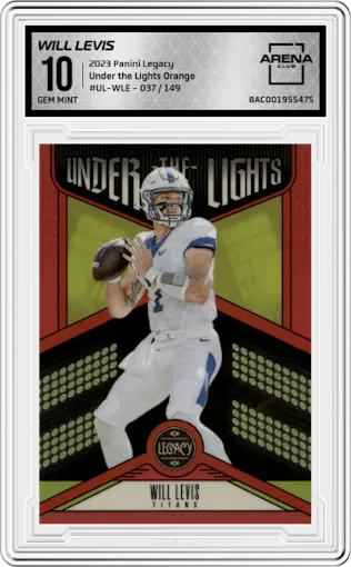 Will Levis from the 2023 Panini Legacy set featuring a Orange parallel graded by Arena Club and given an overall grade of 10.