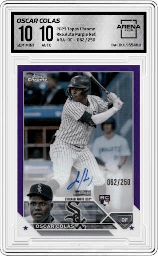 Oscar Colas from the 2023 Topps Chrome set featuring a Purple Refractor parallel graded by Arena Club and given an overall grade of 10.
