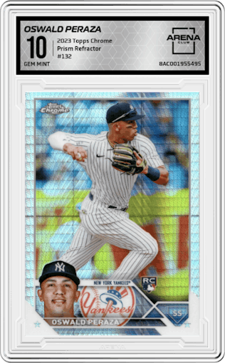 Oswald Peraza from the 2023 Topps Chrome set featuring a Prism Refractor parallel graded by Arena Club and given an overall grade of 10.