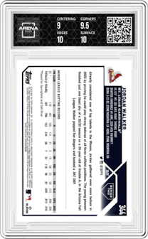 Jordan Walker from the 2023 Topps set featuring a Rainbow Foil parallel graded by Arena Club and given an overall grade of 9.5.