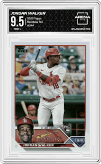 Jordan Walker from the 2023 Topps set featuring a Rainbow Foil parallel graded by Arena Club and given an overall grade of 9.5.