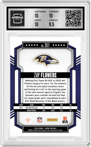 Zay Flowers from the 2023 Score set graded by Arena Club and given an overall grade of 10.