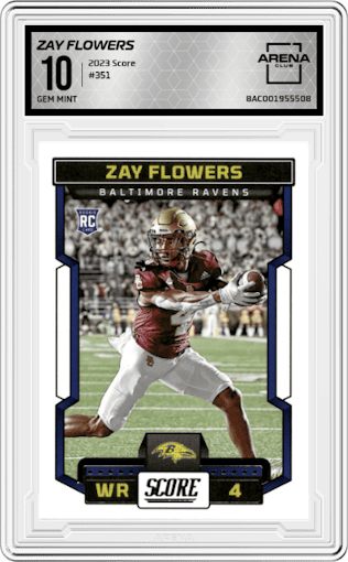 Zay Flowers from the 2023 Score set graded by Arena Club and given an overall grade of 10.