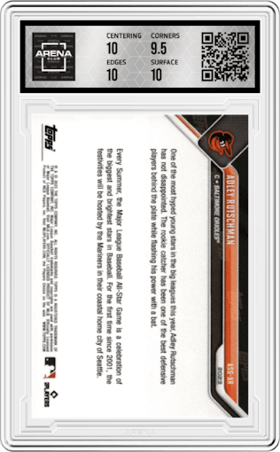 Adley Rutschman from the 2023 Topps Now set featuring a Blue parallel graded by Arena Club and given an overall grade of 10.