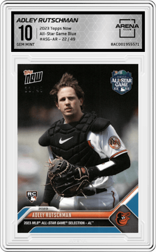 Adley Rutschman from the 2023 Topps Now set featuring a Blue parallel graded by Arena Club and given an overall grade of 10.