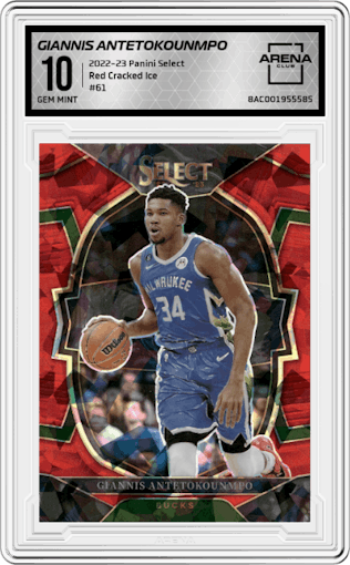 Giannis Antetokounmpo from the 2022-23 Panini Select set featuring a Red Cracked Ice parallel graded by Arena Club and given an overall grade of 10.