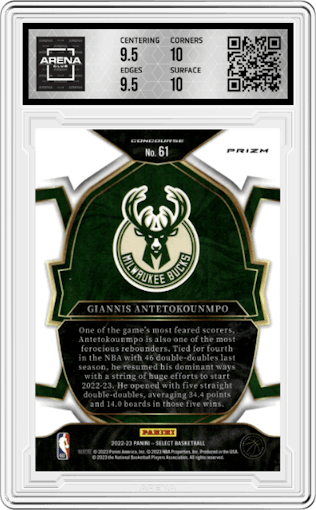 Giannis Antetokounmpo from the 2022-23 Panini Select set featuring a Red Cracked Ice parallel graded by Arena Club and given an overall grade of 10.