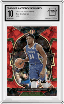 Giannis Antetokounmpo from the 2022-23 Panini Select set featuring a Red Cracked Ice parallel graded by Arena Club and given an overall grade of 10.