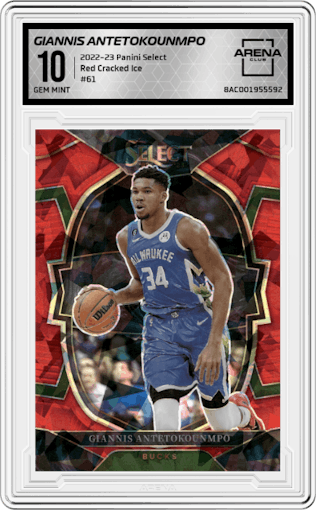 Giannis Antetokounmpo from the 2022-23 Panini Select set featuring a Red Cracked Ice parallel graded by Arena Club and given an overall grade of 10.