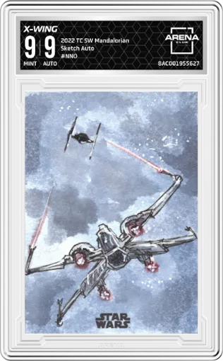 X-Wing from the 2022 Topps Chrome Star Wars The Mandalorian Beskar Edition set graded by Arena Club and given an overall grade of 9.