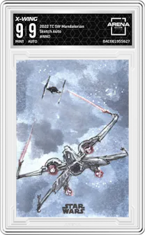 X-Wing from the 2022 Topps Chrome Star Wars The Mandalorian Beskar Edition set graded by Arena Club and given an overall grade of 9.