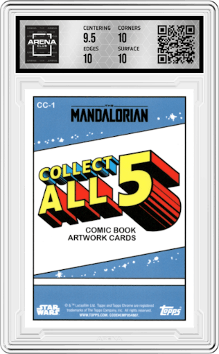 The Mandalorian from the 2022 Topps Chrome Star Wars The Mandalorian Beskar Edition set graded by Arena Club and given an overall grade of 10.