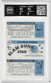 Pete Maravich/Lloyd Free/Dennis Johnson from the 1980-81 Topps set graded by Arena Club and given an overall grade of 8.5.