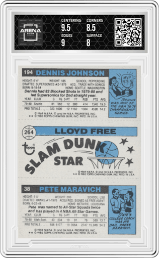 Pete Maravich/Lloyd Free/Dennis Johnson from the 1980-81 Topps set graded by Arena Club and given an overall grade of 8.5.