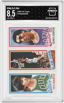 Pete Maravich/Lloyd Free/Dennis Johnson from the 1980-81 Topps set graded by Arena Club and given an overall grade of 8.5.