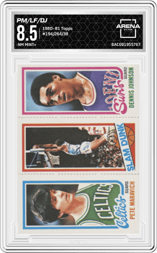 Pete Maravich/Lloyd Free/Dennis Johnson from the 1980-81 Topps set graded by Arena Club and given an overall grade of 8.5.