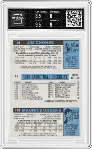 Maurice Cheeks/George Gervin/Jim Chones from the 1980-81 Topps set graded by Arena Club and given an overall grade of 8.5.