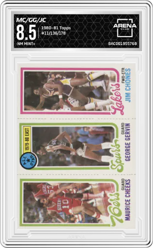 Maurice Cheeks/George Gervin/Jim Chones from the 1980-81 Topps set graded by Arena Club and given an overall grade of 8.5.
