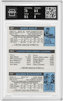 Quinn Buckner/Kareem Abdul-Jabbar/Mike Gale from the 1980-81 Topps set graded by Arena Club and given an overall grade of 8.