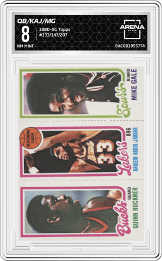 Quinn Buckner/Kareem Abdul-Jabbar/Mike Gale from the 1980-81 Topps set graded by Arena Club and given an overall grade of 8.