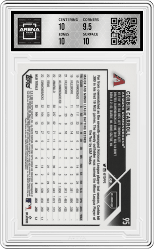 Corbin Carroll from the 2023 Topps Chrome set graded by Arena Club and given an overall grade of 10.